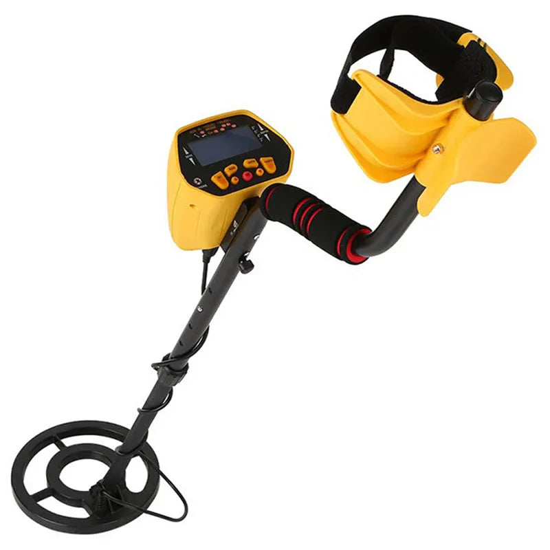 GC1028 black and yellow professional metal detector with LCD screen and adjustable pole on grass.