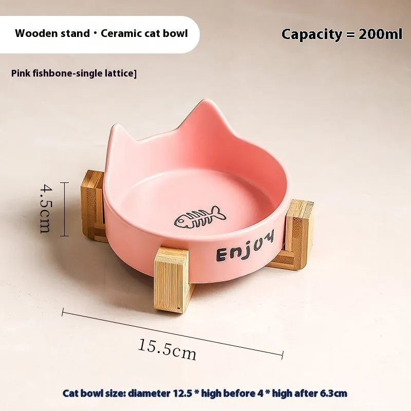 Ceramic cat bowl set with wooden anti-slip frame in cat paw design