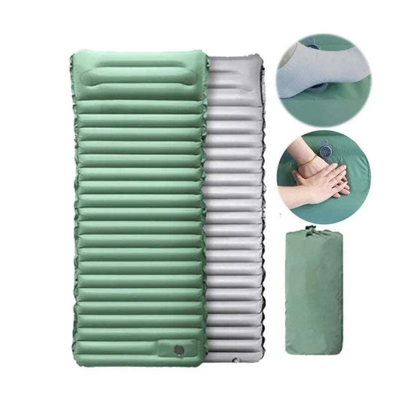 Single person inflatable camping mattress in grey colour, shown expanded to 195cm length.