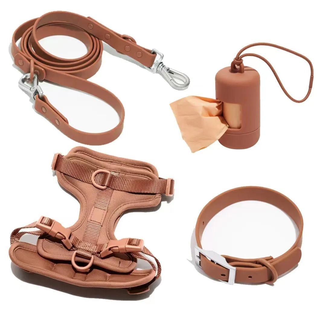 Dog tactical chest back collar set in PVC material with traction rope and harness, available in multiple colours