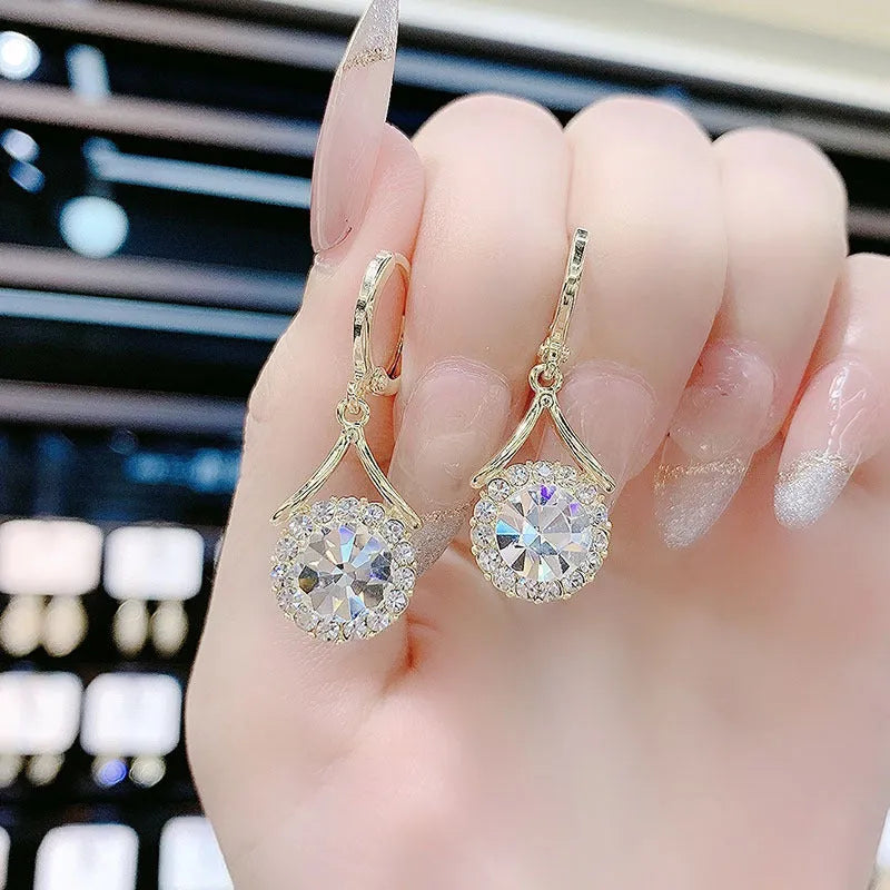 Gold grey geometric round ring earrings with rhinestone detail for women, one pair