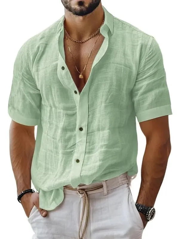 Men's short sleeve lapel shirt in polyester blend fabric showing cardigan style and lapel collar