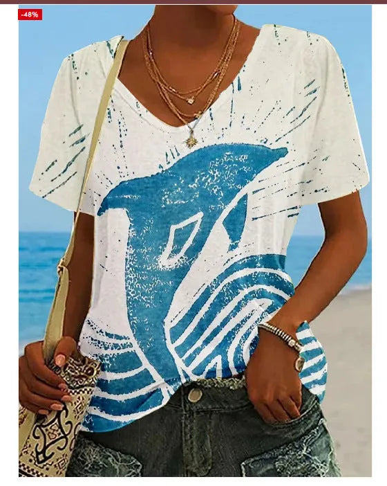 Women's turtle print V-neck short sleeve loose fit polyester top in Pattern 1, size M