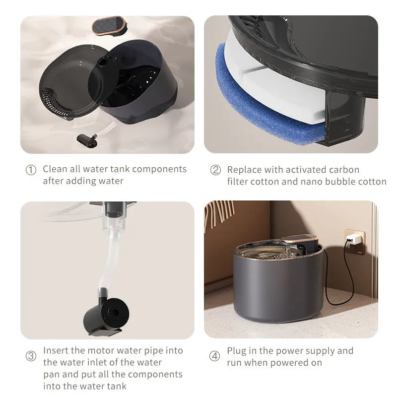 Automatic pet water fountain with USB cable, showing detachable bowl, pump, and filter in Berlin Blue colour.