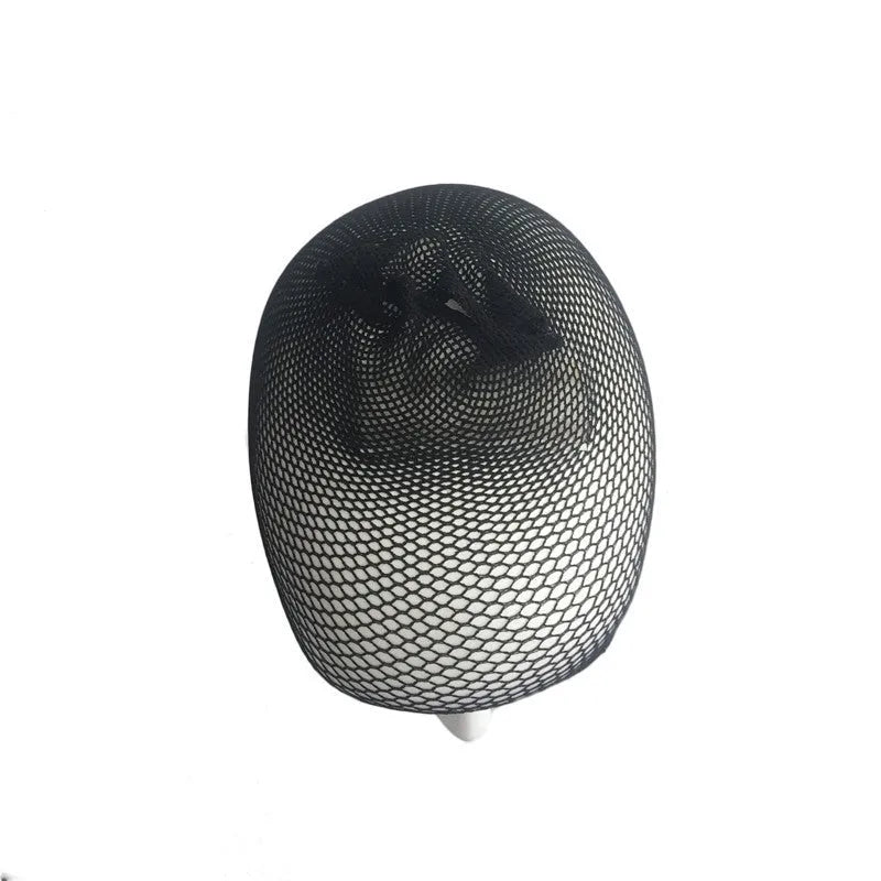 Black elastic wig hair net laid flat showing fine mesh and stitched elastic edge for wig application