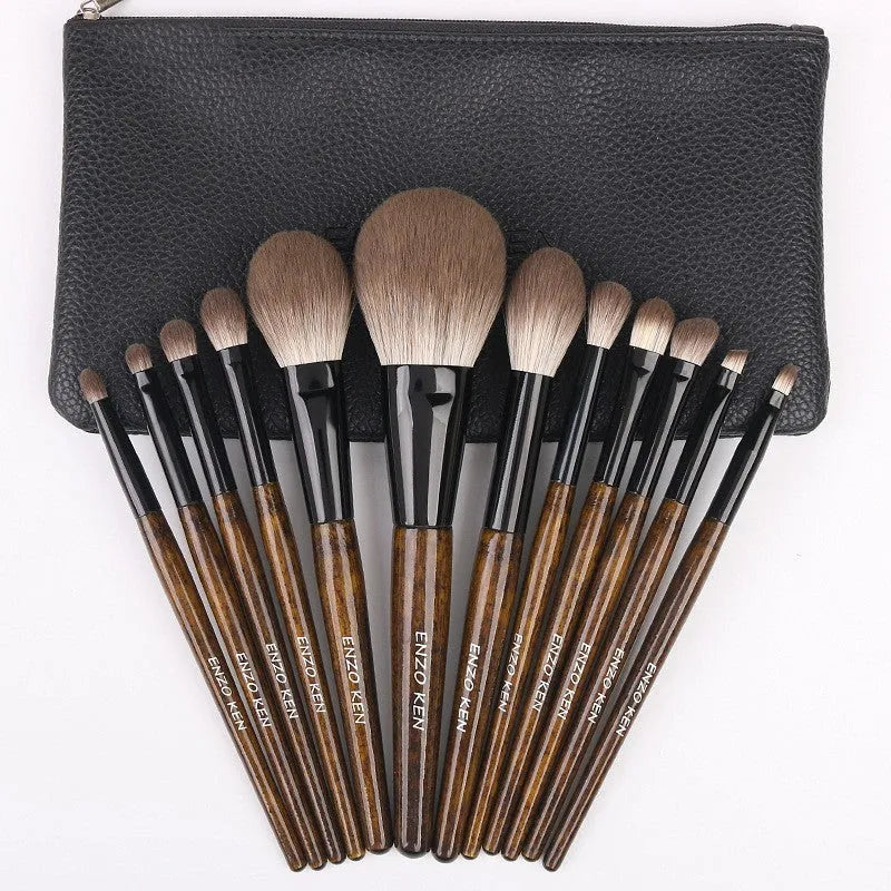 12-piece makeup brush set with wooden handles in a PU carry case including powder foundation brush