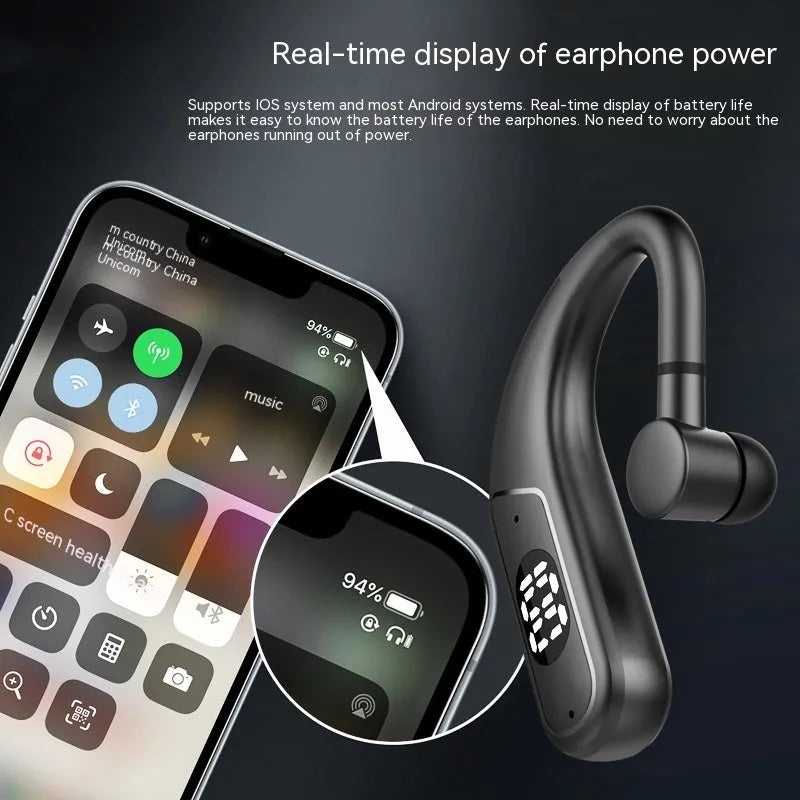 Black Vernon R200 digital display ear hook Bluetooth headset with in-ear fit and dual battery design