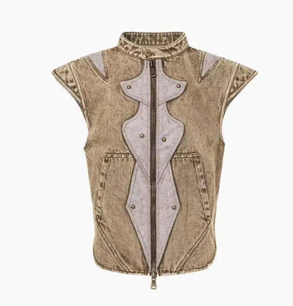 Men's picture colour cotton denim pleated vest in a refined Korean style, shown on a hanger.