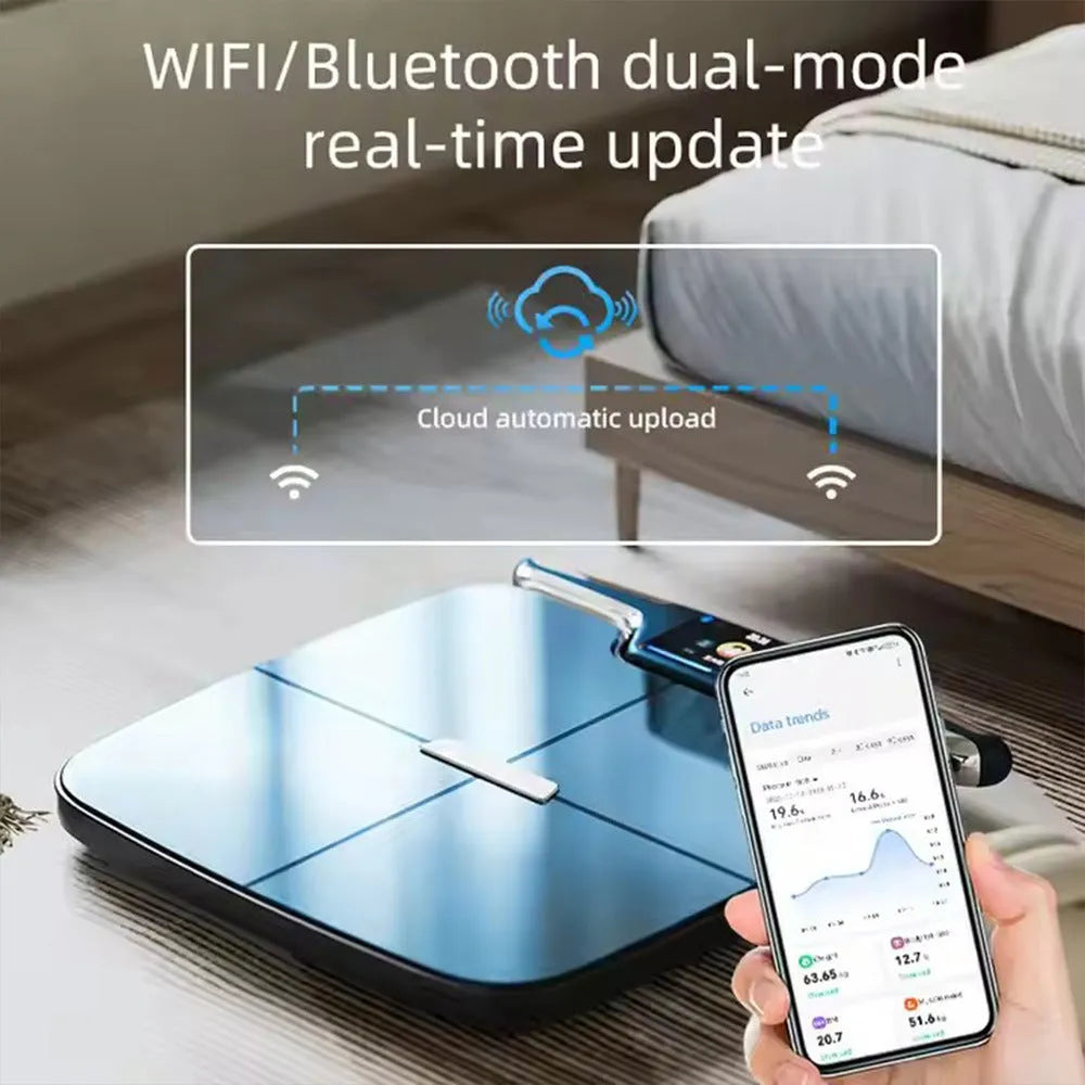 Black eight-electrode body fat smart scale showing digital display.