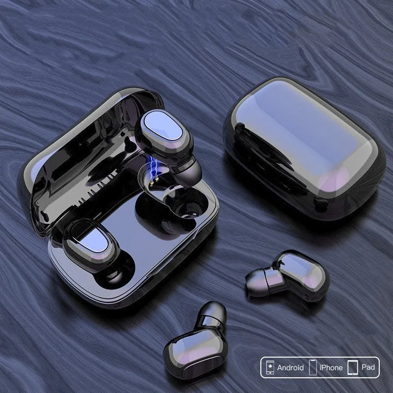 Black, pink, and white TWS Bluetooth wireless earbuds showing left and right earpieces.