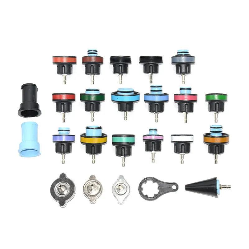 28-piece automotive cooling system diagnostic toolkit with pressure tester and vacuum purge functions