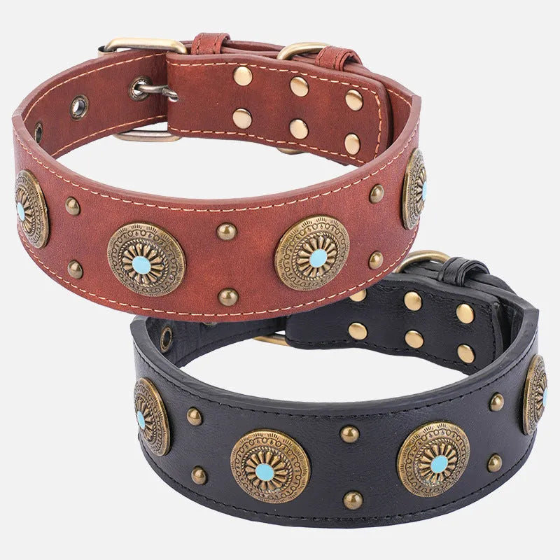 Retro high-end leather dog collar in brown with monochrome pattern for medium and large dogs