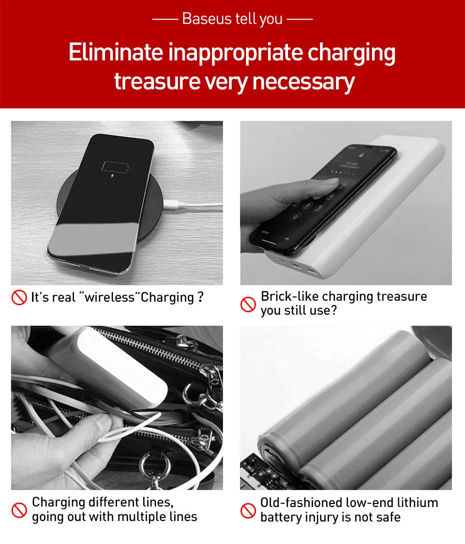 Square black wireless power bank with digital display showing battery percentage, next to a smartphone on its wireless charging surface.
