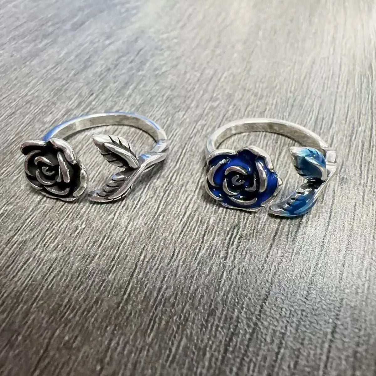 Retro blue enamel rose ring with adjustable copper band, silver or blue colour options, casual women's jewellery.