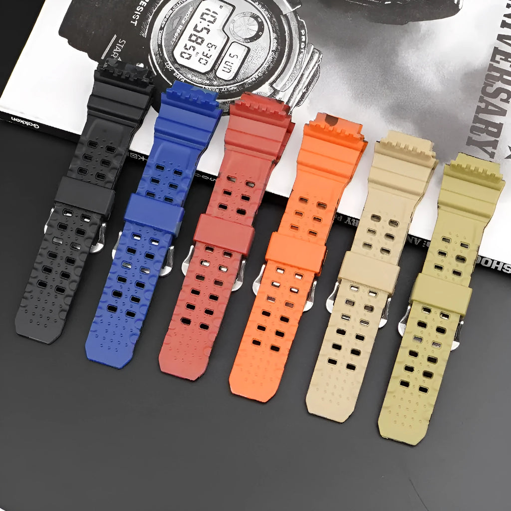 Camouflage pattern TPU watch strap with silver buckle on a watch case.
