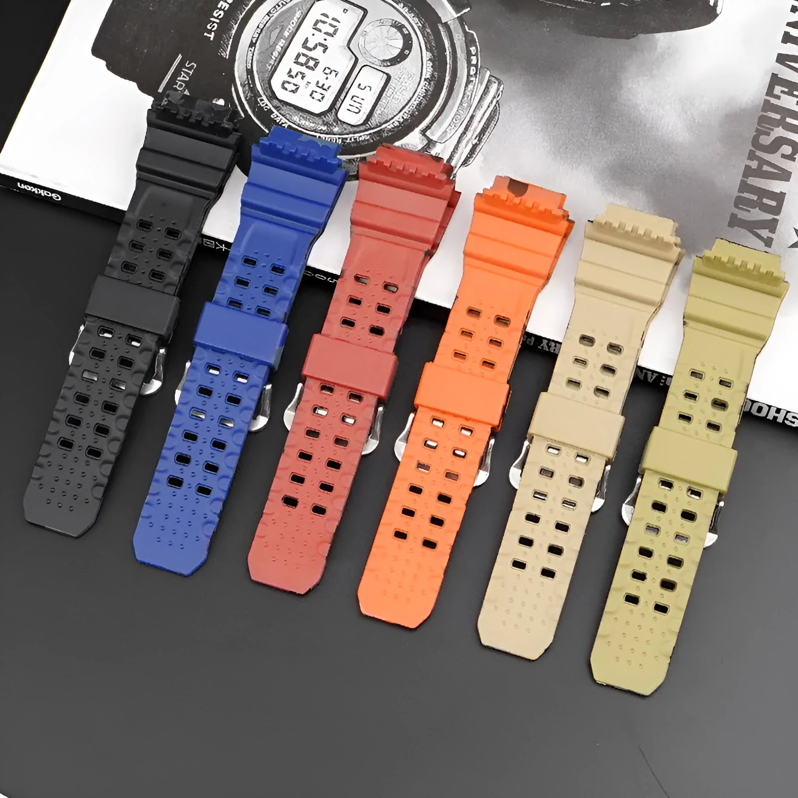 Camouflage pattern TPU watch strap with silver buckle on a watch case.
