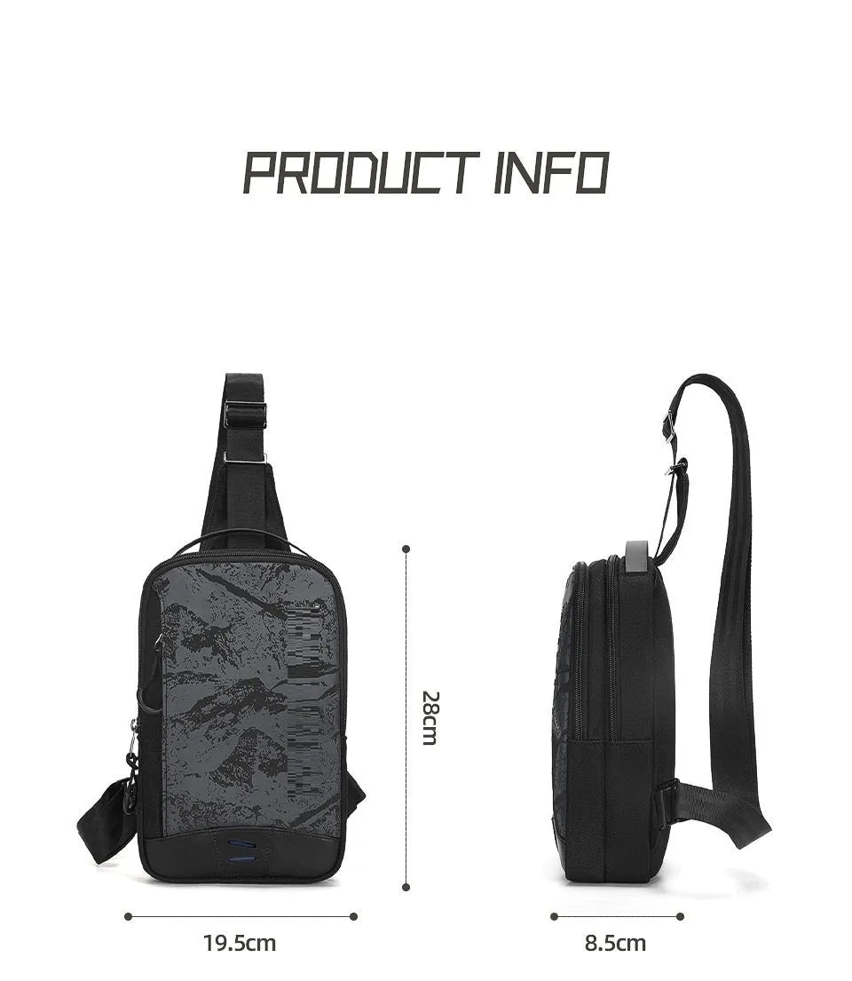 Casual black waterproof TPU chest bag with landscape camouflage pattern and adjustable shoulder strap