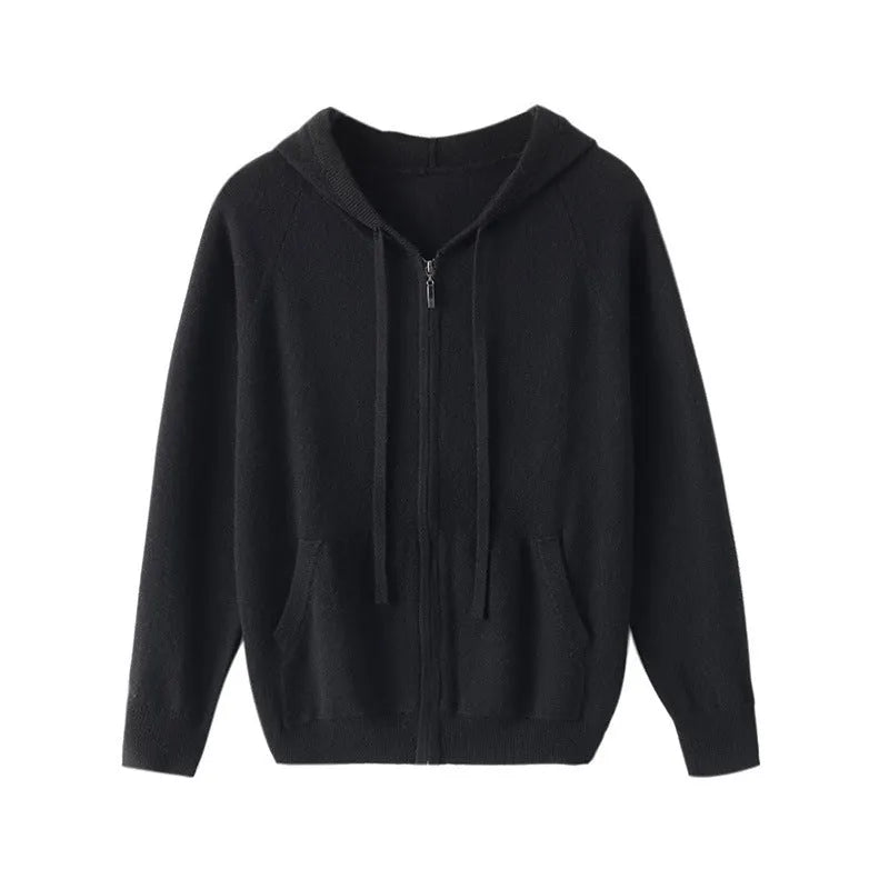 Men's grey hooded cashmere cardigan with full-length zipper showing regular fit design