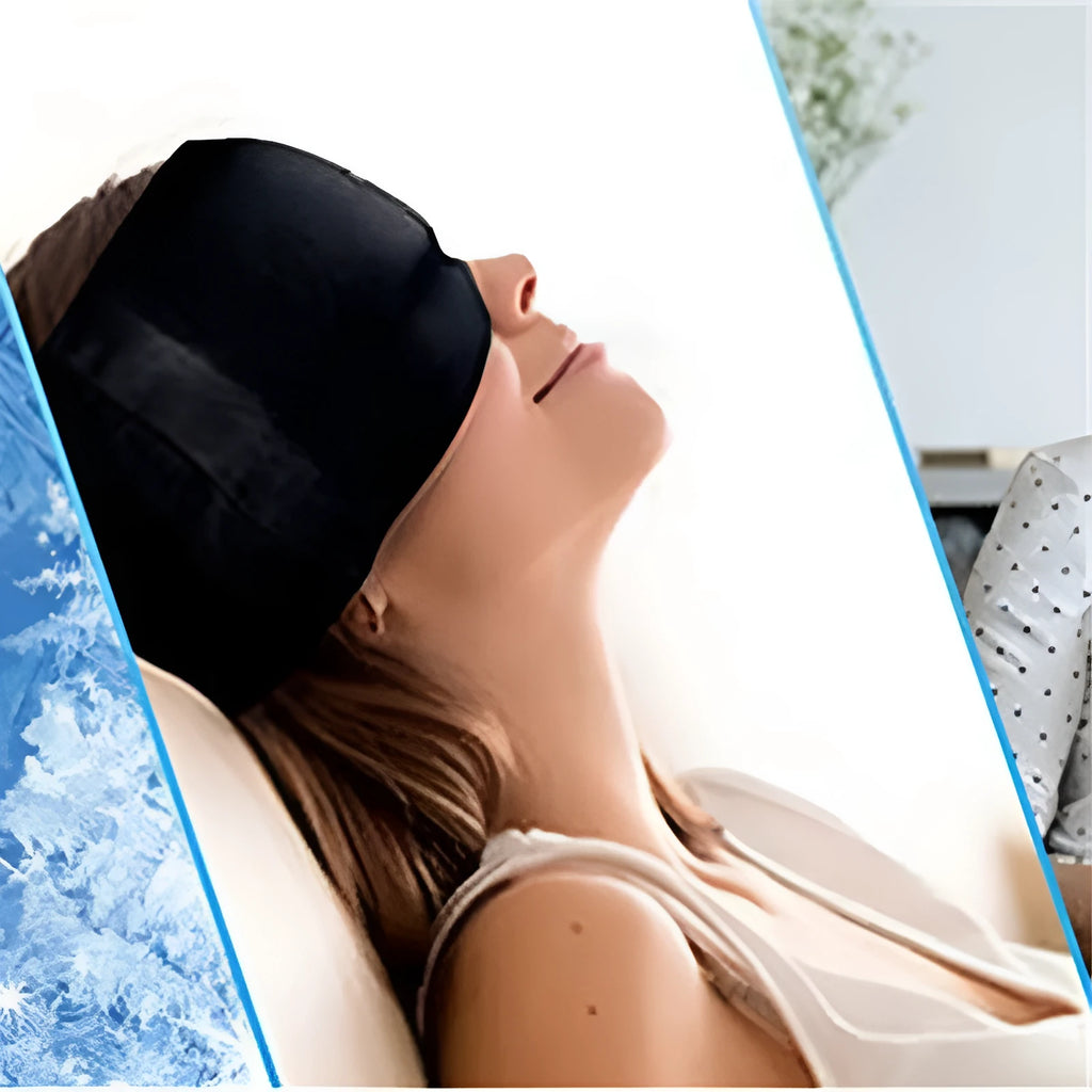 Black elastic gel ice mask for headache relief shown on face, highlighting its 22x17cm size.