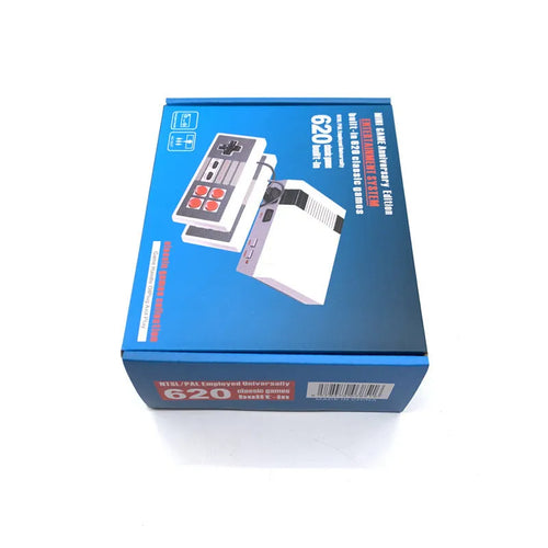 Compact black 8-bit NES retro game console with two red controllers on a stand.