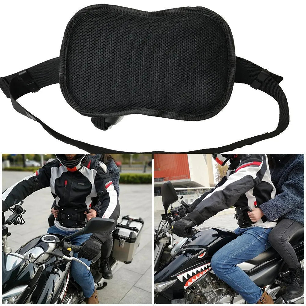 Black motorcycle back seat safety handle armrest with adjustable waistband and breathable mesh padding
