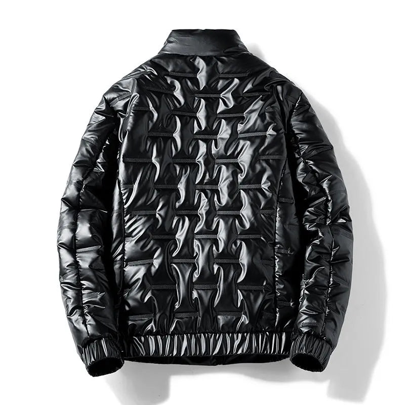 Plus-size women's shiny thick cotton winter coat in black cardigan style with side pockets and slim fit