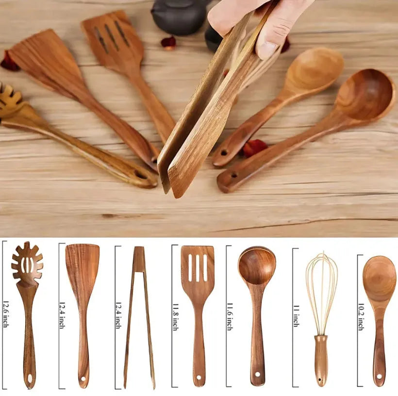 7-piece wooden cooking utensil set with anti-scald handles for non-stick pans