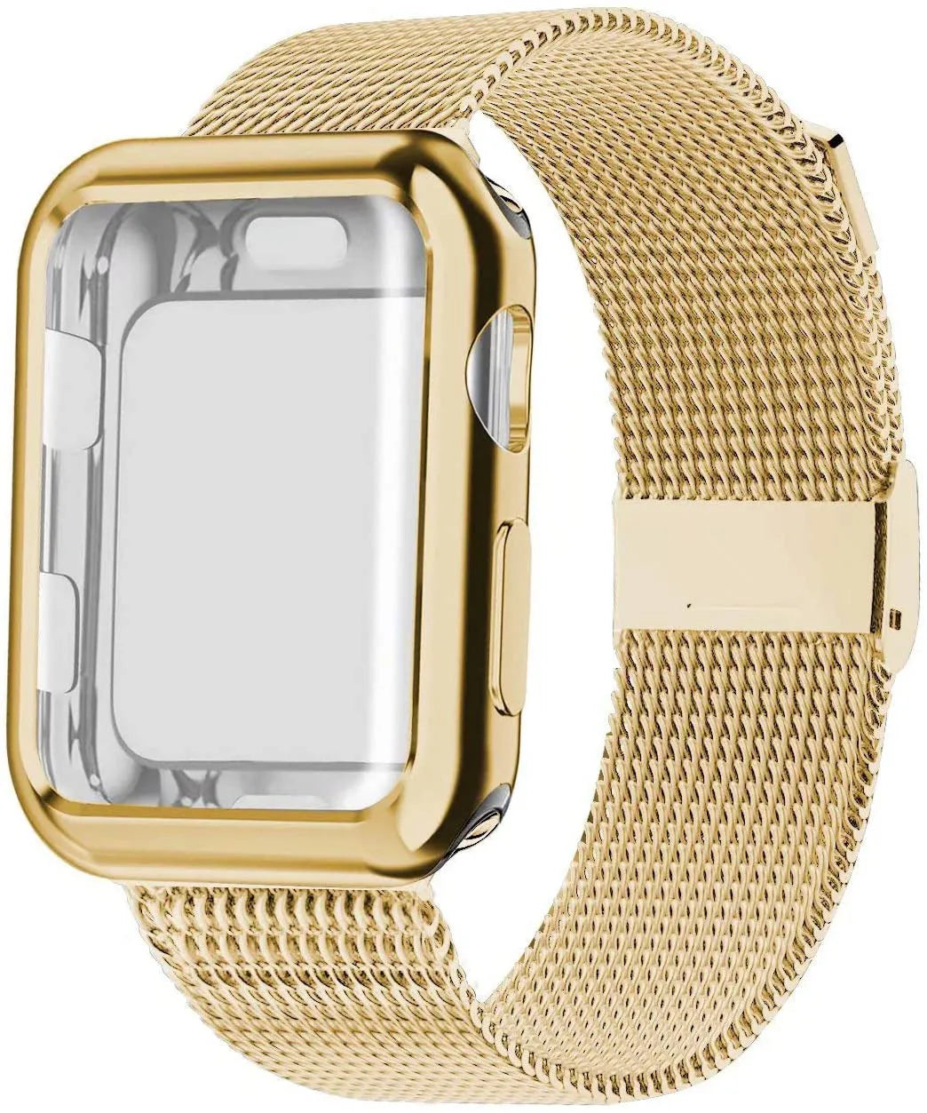 Silver magnetic Milanese loop strap attached to an Apple Watch on a wrist, showing the adjustable magnetic clasp.