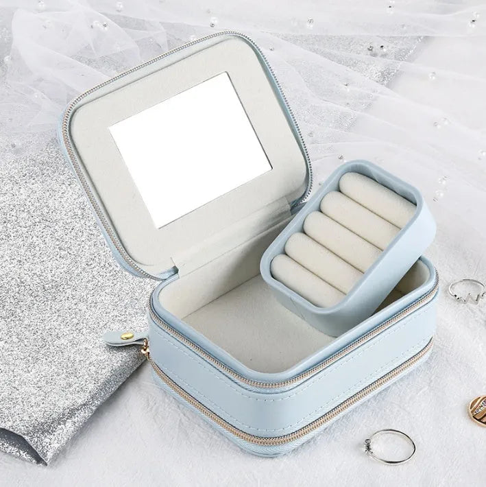 Portable PU leather jewellery box with three-layer storage in blue colour
