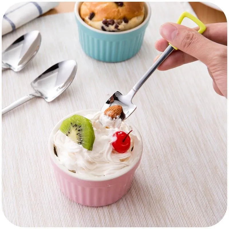 Children's dessert spoon in 201 stainless steel with mirror polish, green colour, size M