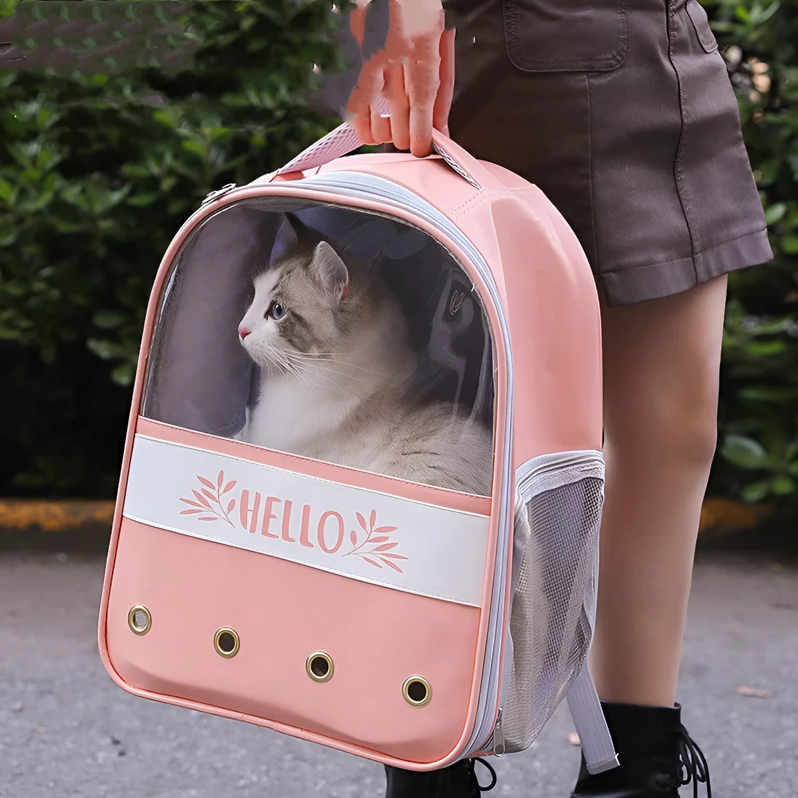 Colorblock English Macaron pet backpack in khaki with Oxford cloth construction and shoulder straps