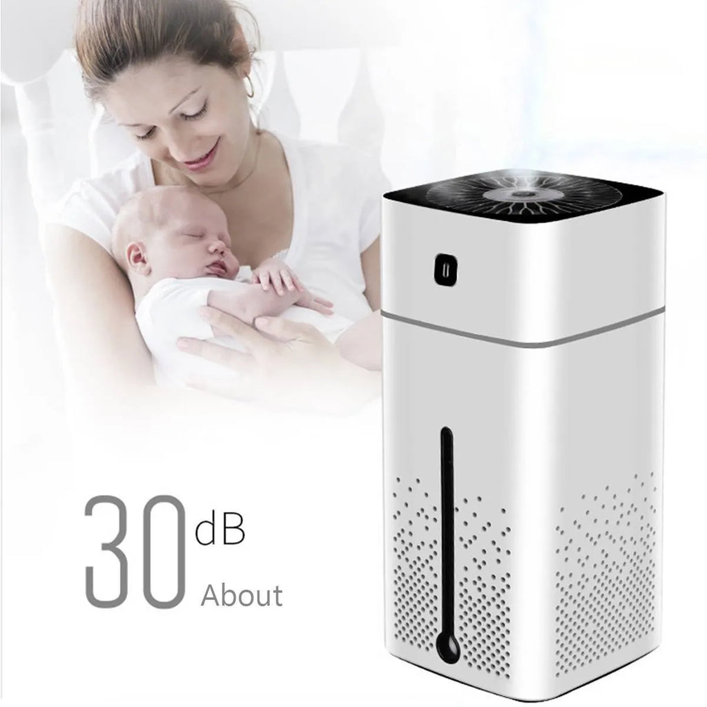A compact black or white desktop humidifier with USB port, showing dimensions of 103mm by 103mm by 218mm.
