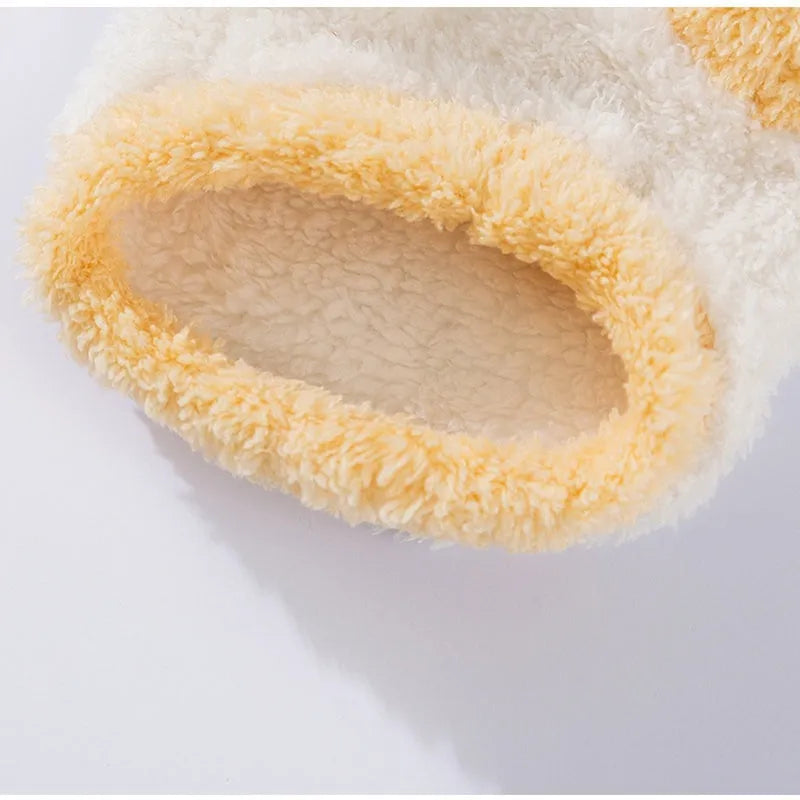 Yellow two-legged fleece pet coat with koala patch for small dogs and cats, sizes XS to XXL.