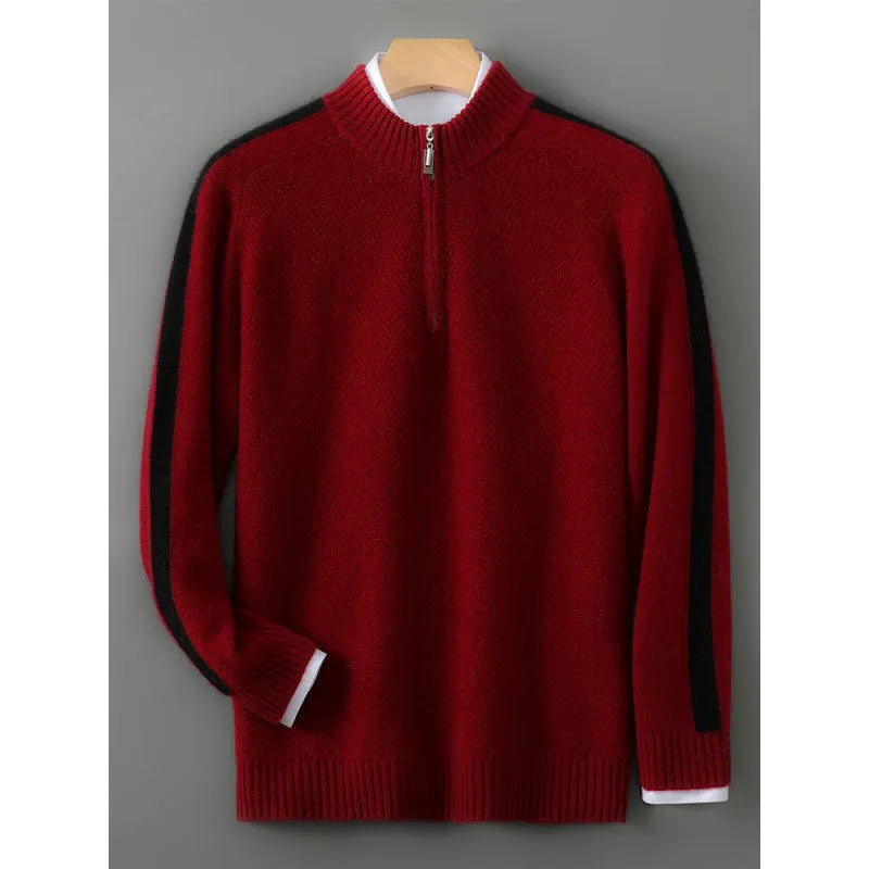 Half-height zip round neck slim fit wool sweater in raw velvet camel colour
