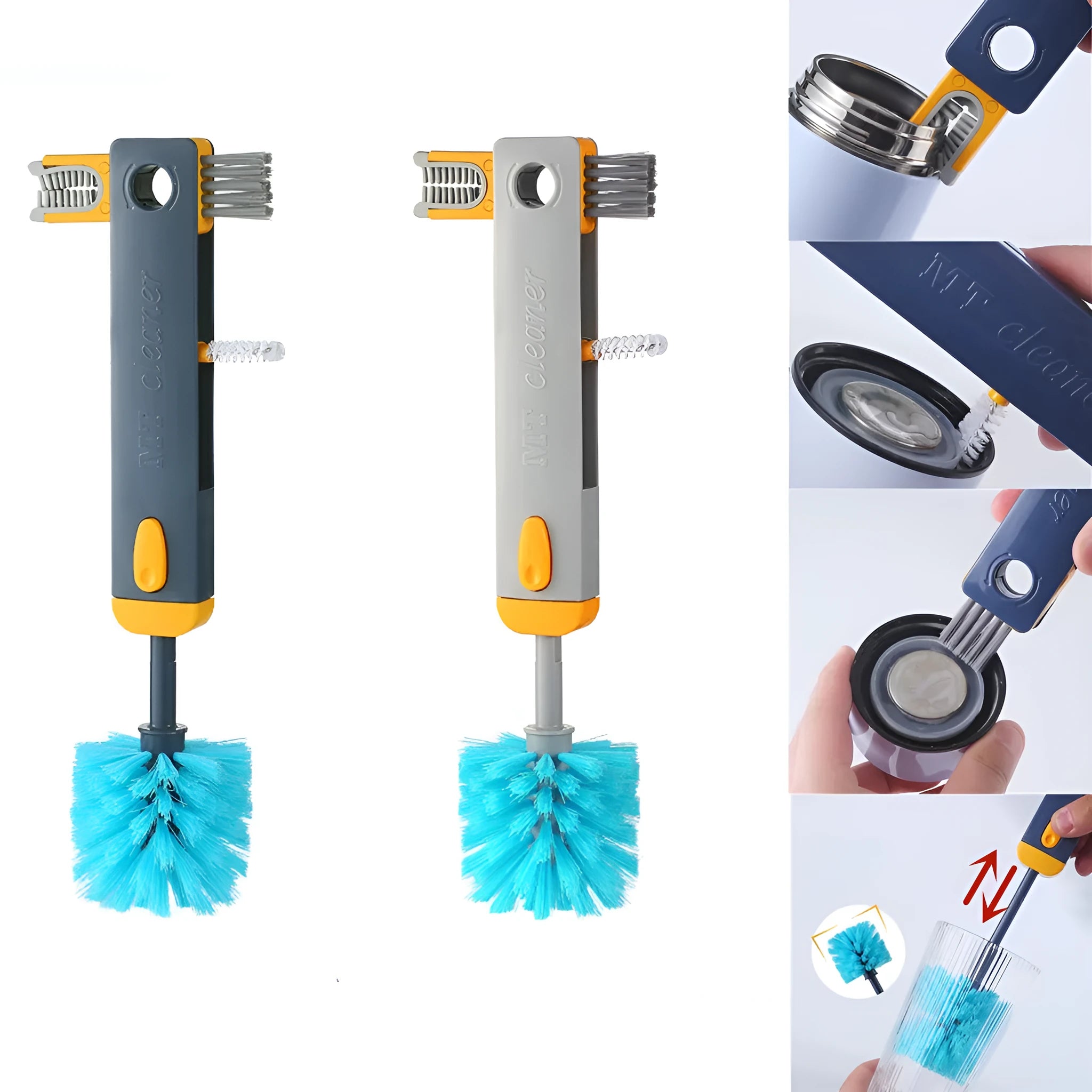 Blue and grey 4-in-1 multifunctional cup cleaning brush set with U-shaped silicone head and gap cleaning tools