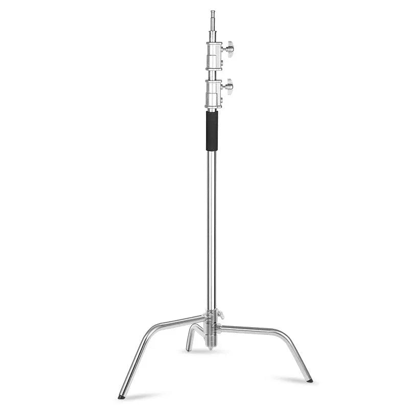 Silver stainless steel light stand with C-frame tripod base for photography and video lighting