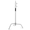 Silver stainless steel light stand with C-frame tripod base for photography and video lighting