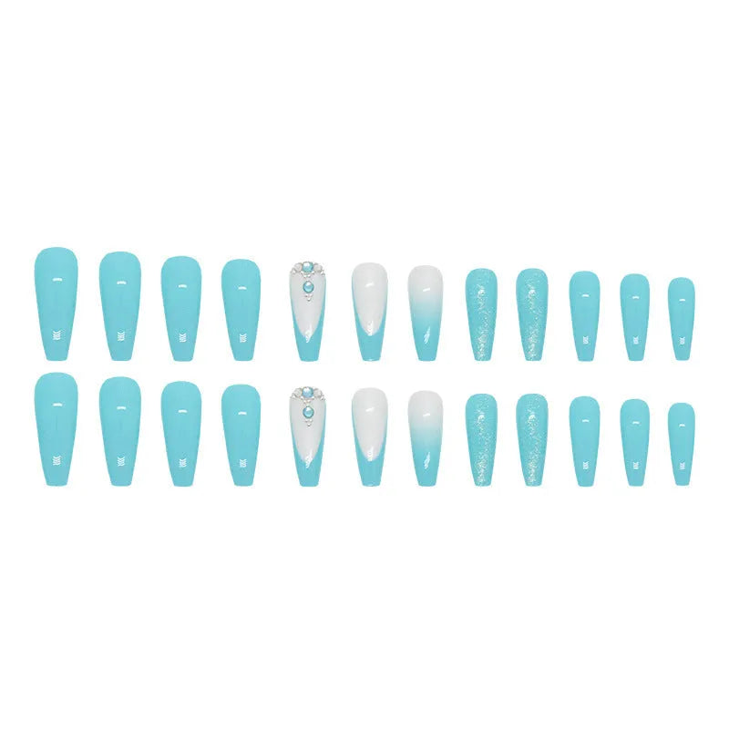Smart blue diamond colour ballet-length artificial nails with adhesive glue