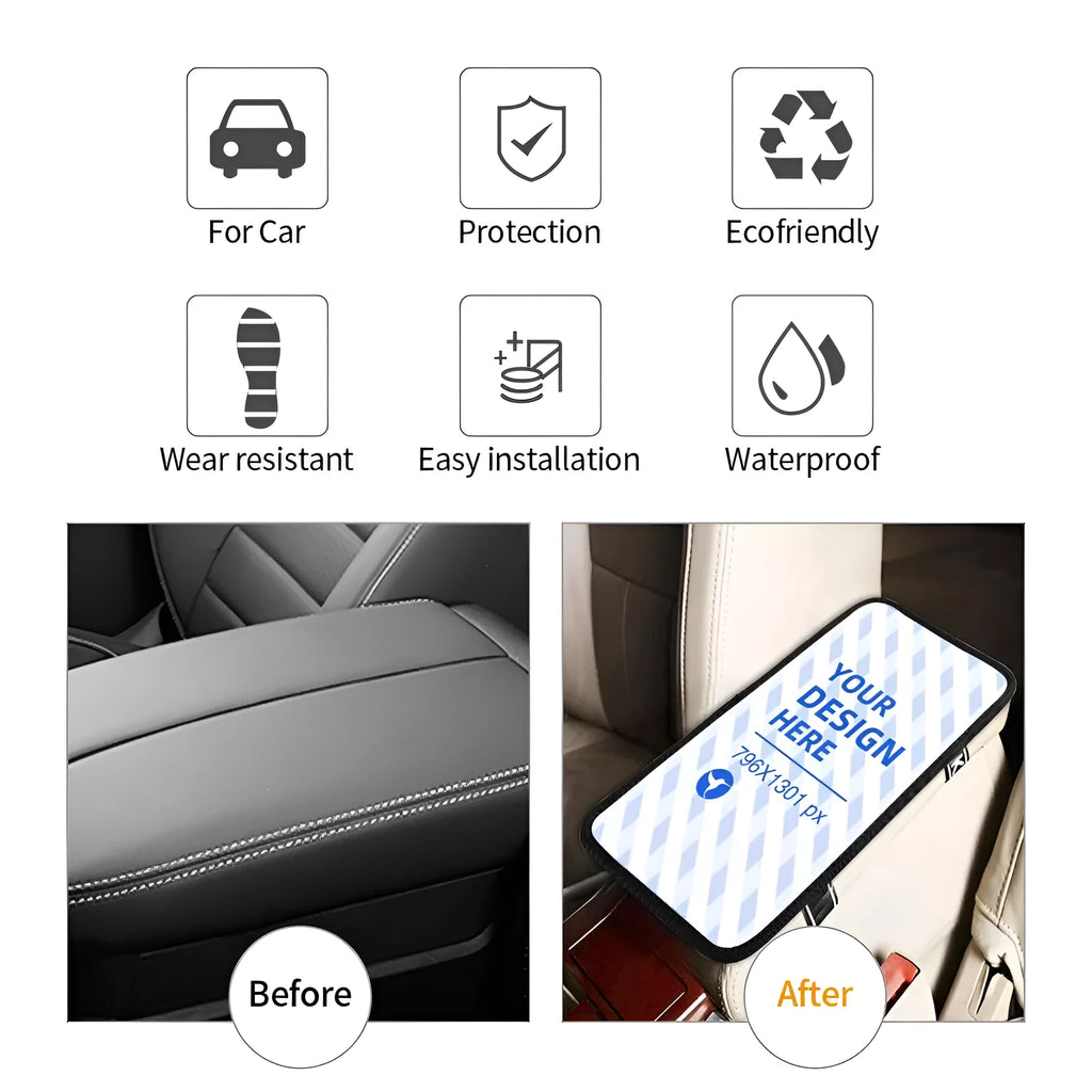 Black neoprene car armrest box cushion with elastic band and non-slip back, one size console pad