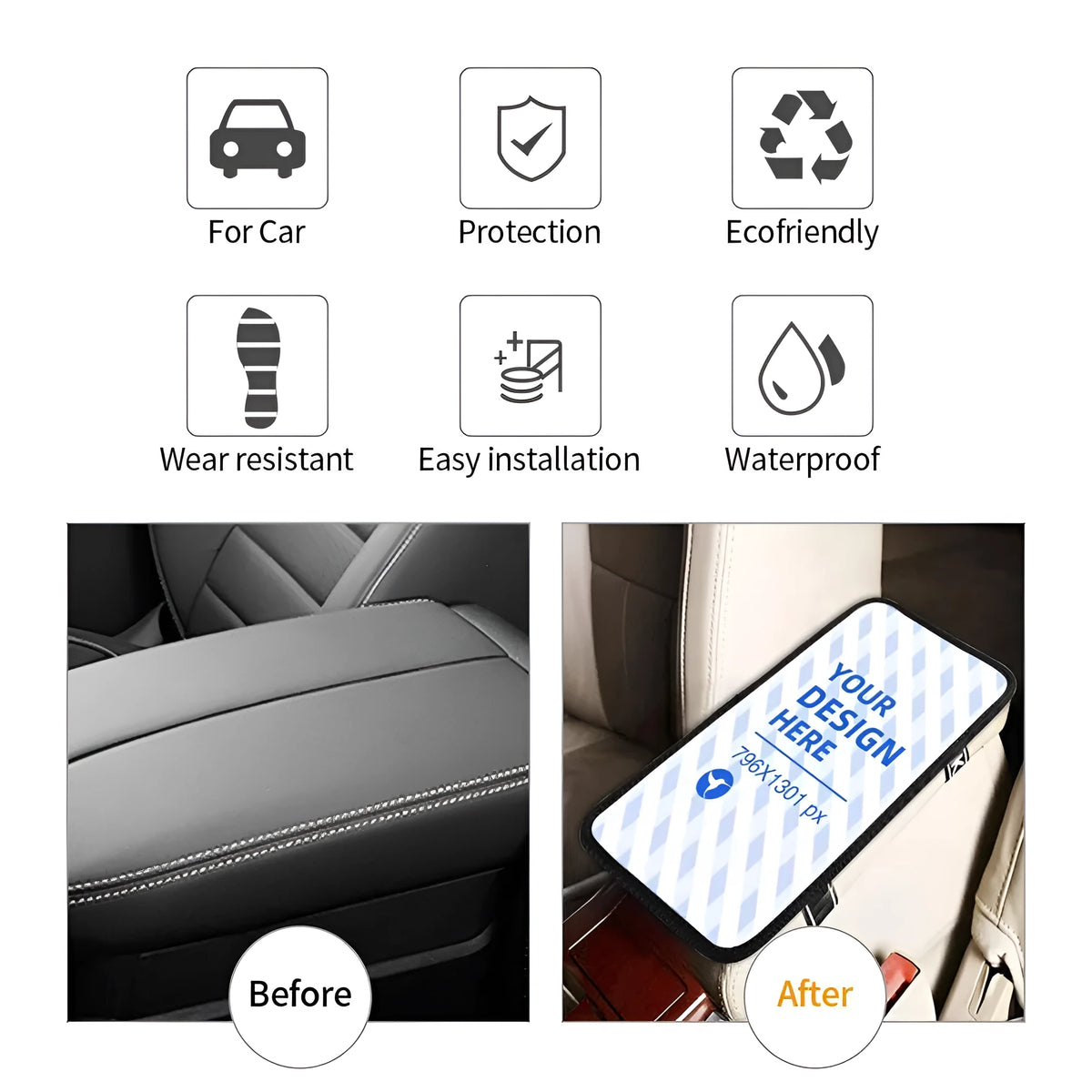 Black neoprene car armrest box cushion with elastic band and non-slip back, one size console pad