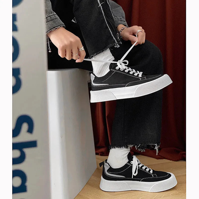Canvas low top platform men's sneakers with cotton lining, 3-5cm mid heel, available in black or white