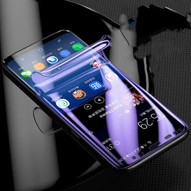 Curved hydrogel screen protector for Samsung Galaxy phone on a purple background.