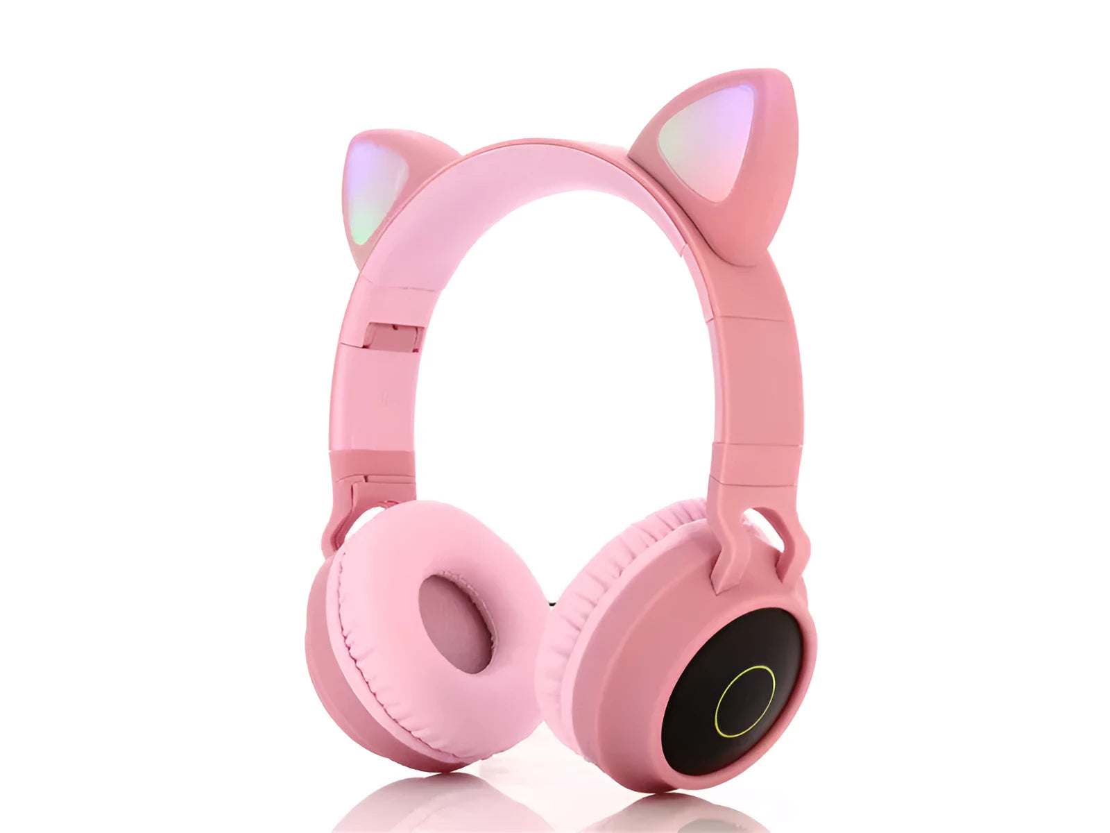 Cartoon cat ears wireless Bluetooth gaming headset shown in one of five colours: green, light blue, pink, purple, or skin tone.