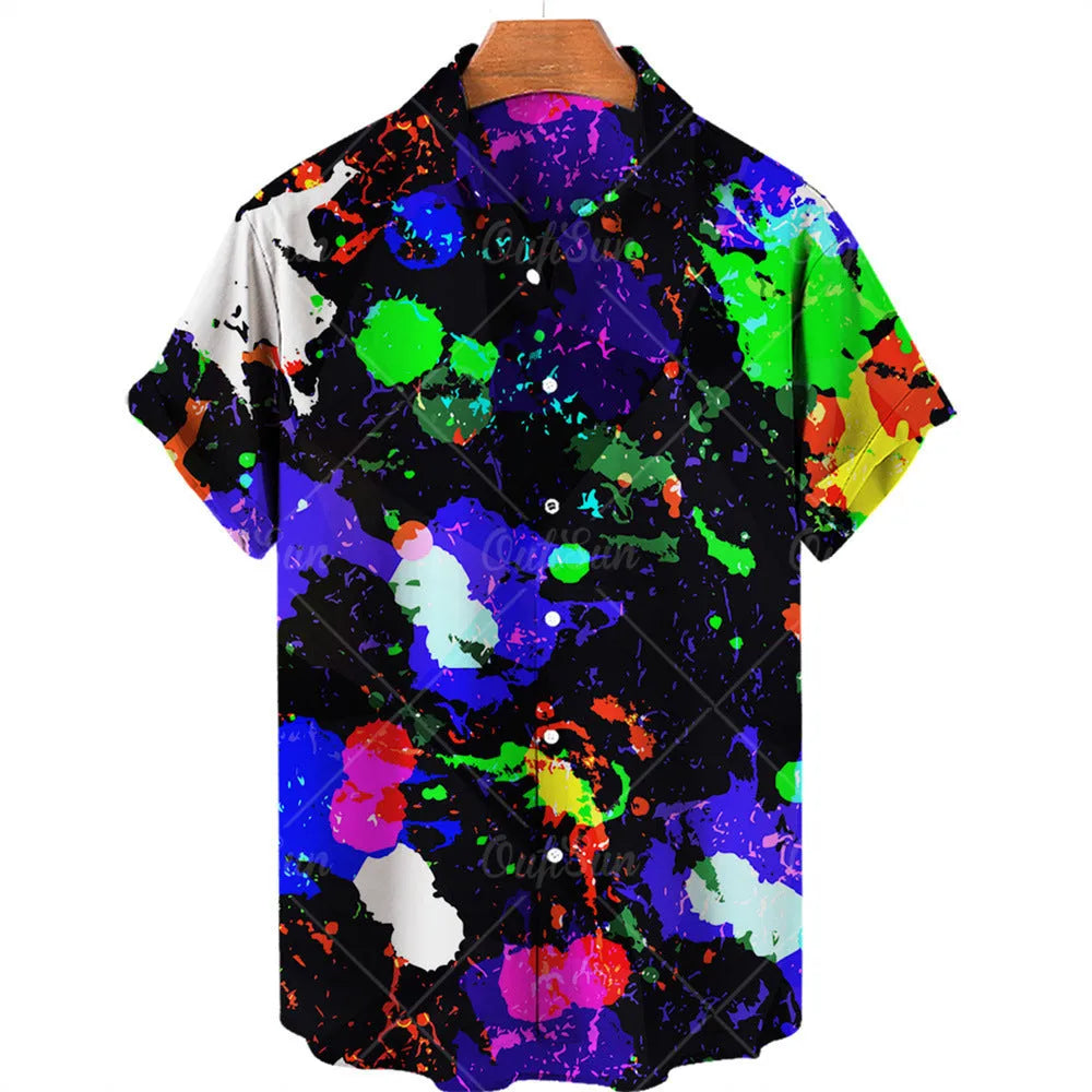 Plus size men's Hawaiian shirt with floral digital print, short sleeves, lapel collar, loose fit, polyester.