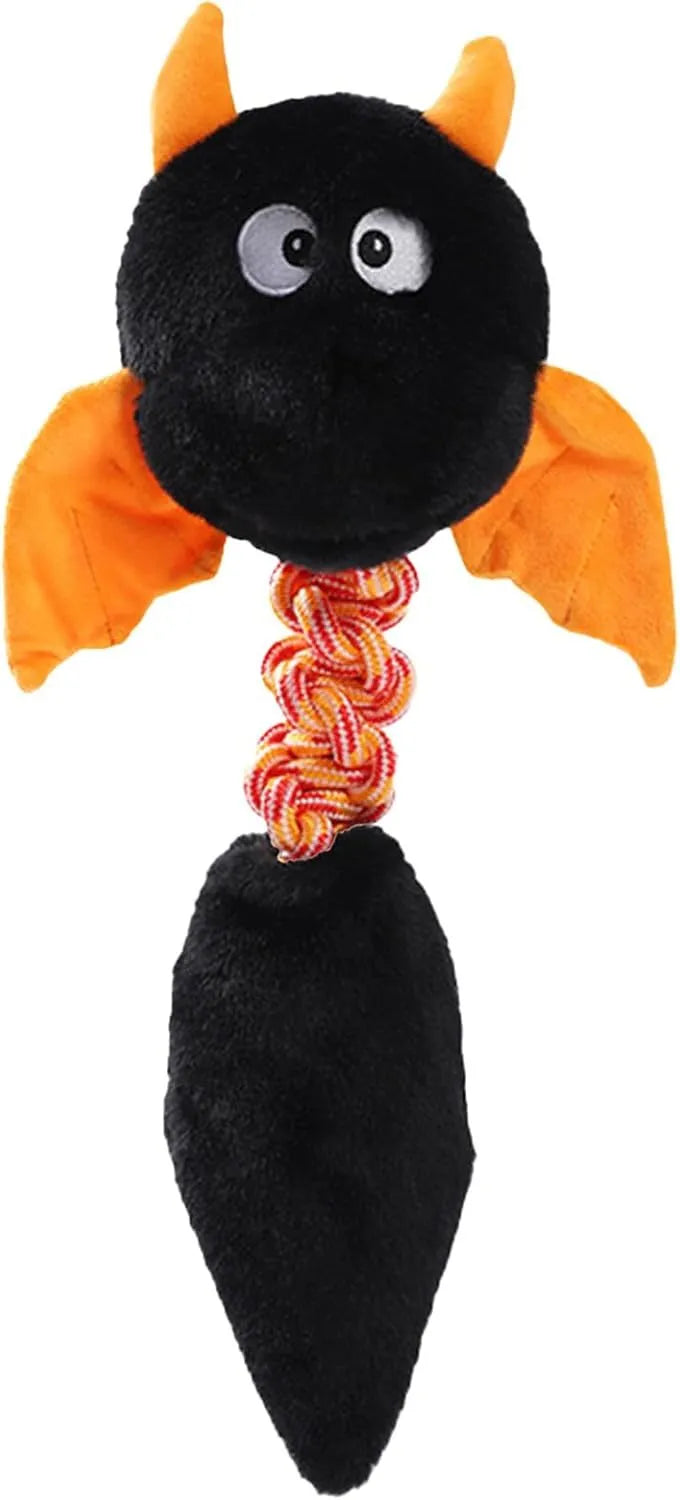 Cartoon-style plush dog toy with a chew rope, shown in black, green, or red colours.