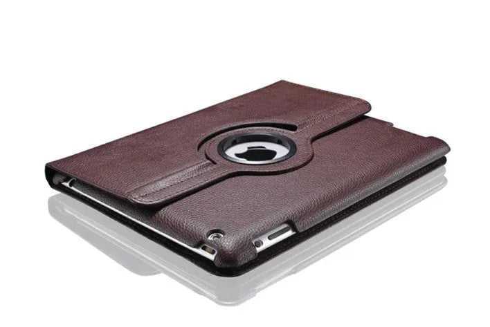 iPad PU leather rotary case in clam shell design shown in multiple colour options on a tablet.