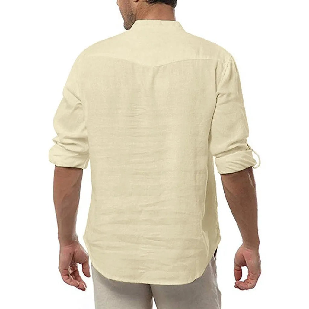 Men's long sleeve V-neck casual shirt in polyester, available in multiple colours and sizes M to 3XL