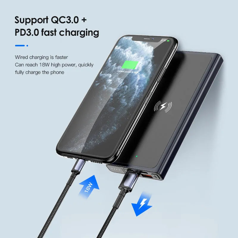 Black and blue square aluminium alloy wireless power bank with a capacity of 10000mAh