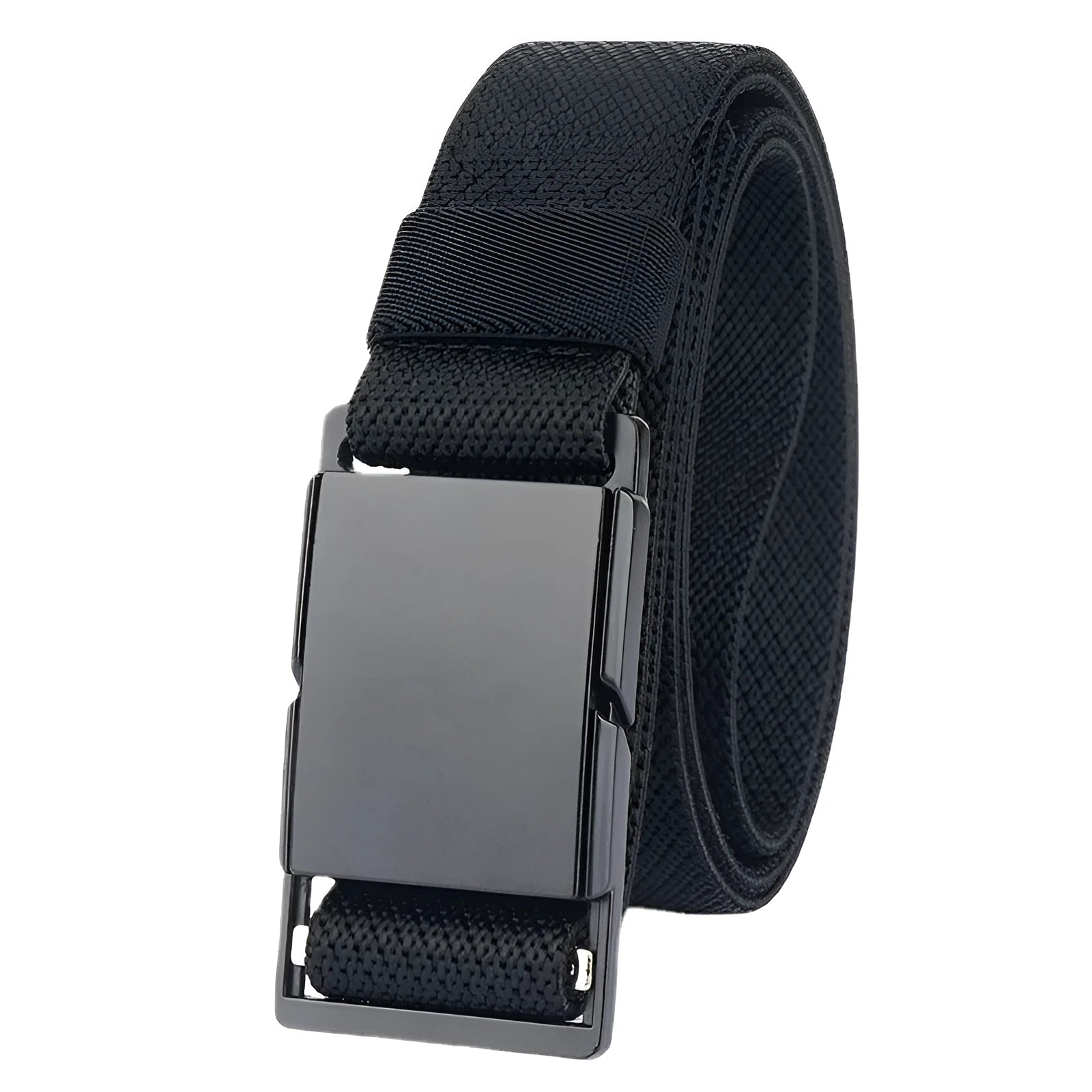 Men's magnetic buckle casual belt in polyester fibre with alloy buckle, showing 125cm length and ordinary width