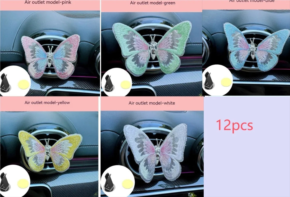 Moving embroidery butterfly fabric car centre console air vent decoration in multiple colour options